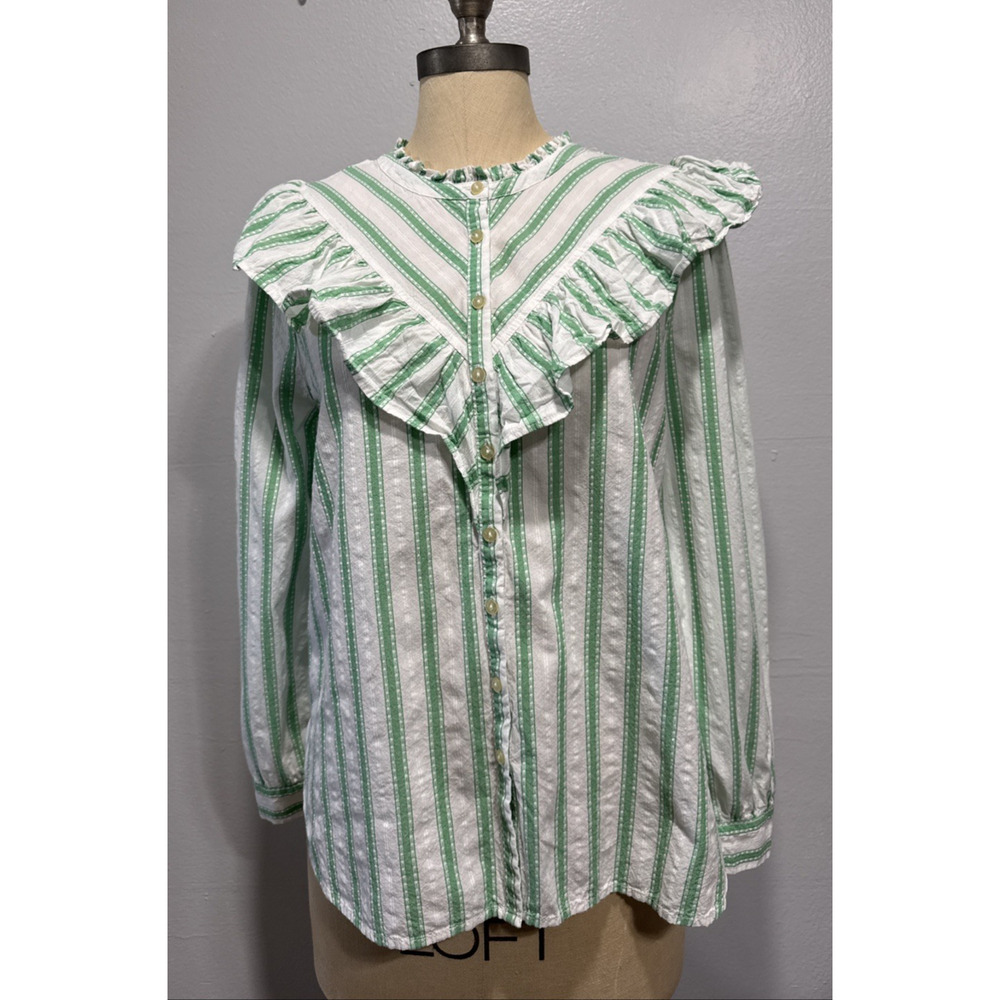 LOFT Green Striped Ruffle Long Sleeve Button Blouse M Cotton Top Peasant Modest